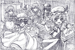 Rule 34 | 00s, 1boy, 4girls, armor, battletech, blush, board game, book, bow, bracelet, braid, buront, crescent, dice, final fantasy, final fantasy xi, flandre scarlet, graphite (medium), greyscale, hair bow, hat, izayoi sakuya, jewelry, long hair, maid, maid headdress, monochrome, multiple girls, no wings, open book, patchouli knowledge, pencil, playing games, pointing, reading, remilia scarlet, room, sakino shingetsu, short hair, shrugging, side ponytail, smile, sweatdrop, table, tabletop rpg, tears, the iron of yin and yang, touhou, traditional media, twin braids, wrist cuffs