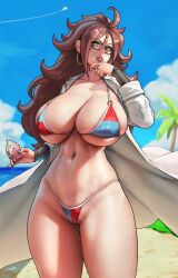 Rule 34 | 1girl, android 21, beach, bikini, blue eyes, breasts, brown hair, character request, coat, cowboy shot, curly hair, curvy, dragon ball, dragon ball fighterz, earrings, eu03, glasses, huge breasts, jewelry, lab coat, long hair, navel, open clothes, open coat, original, skindentation, sky, solo, swimsuit, thick thighs, thighs, two-tone bikini, white coat, wide hips