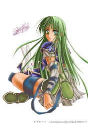 Rule 34 | 1girl, albino, animal, armor, blue armor, detached sleeves, fire emblem, fire emblem: path of radiance, fire emblem: radiant dawn, full body, green eyes, green hair, indian style, long hair, looking at viewer, looking back, lowres, matching hair/eyes, nephenee, nintendo, no headwear, rabbit, red eyes, simple background, sitting, solo, spread legs, thigh strap, white background