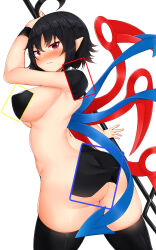 Rule 34 | 1girl, absurdres, ahoge, arm up, ass, asymmetrical wings, bare shoulders, black hair, black thighhighs, blue wings, blush, breasts, cowboy shot, daichi (tokoya), hair between eyes, highres, holding, holding weapon, houjuu nue, large breasts, looking at viewer, nude, pointy ears, polearm, red eyes, red wings, short hair, simple background, solo, standing, thighhighs, thighs, touhou, trident, weapon, white background, wings, wristband