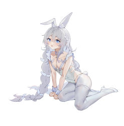 Rule 34 | 1girl, absurdres, ajune9, animal ears, azur lane, bare shoulders, blue eyes, braid, collarbone, covered navel, fake animal ears, fake tail, flat chest, full body, hair between eyes, hairband, high heels, highres, le malin (azur lane), le malin (listless lapin) (azur lane), leotard, long hair, looking at viewer, official alternate costume, open mouth, rabbit ears, rabbit tail, silver hair, simple background, sitting, solo, tail, thigh strap, twin braids, very long hair, white background, white footwear, white hairband, white legwear, white leotard, wrist cuffs, yokozuwari