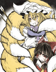 Rule 34 | 2girls, animal hat, arrow (projectile), black hair, blonde hair, bow, breasts, dirty, dirty face, dress, fang, fox tail, hair bow, hair tubes, hakurei reimu, hat, hat with ears, impossible clothes, large breasts, mob cap, multiple girls, multiple tails, mumumu, open mouth, mob cap, red eyes, smile, tabard, tail, touhou, white dress, yakumo ran, yellow eyes