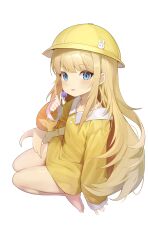 Rule 34 | 1girl, :p, absurdres, barefoot, blonde hair, blue eyes, blush, candy, child, commission, female focus, food, full body, hat, hat ornament, highres, lollipop, long hair, looking at viewer, original, oversized clothes, oversized shirt, pg (pege544), school hat, shirt, simple background, sitting, sleeves past wrists, soles, solo, toes, tongue, tongue out, white background, yellow hat, yellow shirt
