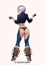 Rule 34 | 1girl, angel (kof), artist name, ass, ass focus, back, backless pants, bikini, bikini bottom only, blue eyes, boots, butt crack, chaps, commission, cowboy boots, drawing, drivendraw, facing away, fingerless gloves, from behind, gloves, hair over one eye, highres, looking at viewer, looking back, panties, pants, solo, standing, swimsuit, the king of fighters, thighs, underwear