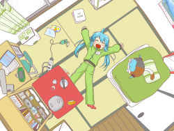 Rule 34 | 1girl, animal costume, aqua hair, arms up, blush, bookshelf, bowl, cat costume, cellphone, chair, chopsticks, curtains, desk, closed eyes, food, food on face, futon, handheld game console, happy, hatsune miku, long hair, lying, maruku naru (vocaloid), mirror, nekomura otako, open mouth, phone, playstation portable, poster (medium), poster (object), power strip, rice, rice cooker, rice on face, room, solo, tatami, track suit, trash can, twintails, vocaloid, window