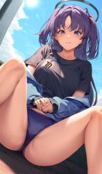 Rule 34 | 1girl, amagimei, blue archive, blue eyes, breasts, cloud, hair between eyes, halo, highres, large breasts, long hair, looking at viewer, sky, solo, sun, sunlight, yuuka (blue archive)