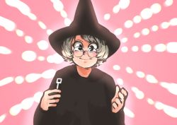Rule 34 | 1girl, absurdres, black eyes, black hat, blush, chanta (ayatakaoisii), copyright request, grey hair, hands up, hat, highres, looking at viewer, pink background, short hair, smile, solo, witch hat