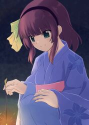 Rule 34 | 1girl, alternate costume, angel beats!, black hairband, blue kimono, blunt bangs, blurry, blurry background, bow, closed mouth, collared shirt, commentary, cowboy shot, eyes visible through hair, fireworks, floral print, green bow, green eyes, hair bow, hairband, hand on own knee, highres, holding, holding fireworks, japanese clothes, kimono, kneeling, lelie (lelie link), light blush, long sleeves, looking down, medium hair, nakamura yuri, night, outdoors, pink sash, purple hair, sash, shirt, sidelocks, smile, solo, straight hair, wide sleeves, yukata