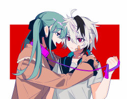 Rule 34 | 2girls, ahoge, aqua eyes, aqua hair, aqua headphones, arm at side, bandaid, bandaid on cheek, bandaid on face, bandaid on neck, black hair, black mask, black ribbon, black sailor collar, border, closed mouth, collar, ear piercing, fang, flower (vocaloid), flower (vocaloid4), frilled shirt, frills, hair between eyes, hair ribbon, hand on another&#039;s shoulder, hatsune miku, headphones, headphones around neck, highres, holding, holding leash, jewelry, leash, long sleeves, looking at another, mask, mask pull, medium hair, mouth mask, multicolored hair, multiple girls, open mouth, piercing, pink collar, pink eyes, pink leash, red background, red shirt, ribbon, ring, sailor collar, shirt, short hair, short sleeves, smile, streaked hair, twintails, upper body, vampire (vocaloid), vocaloid, white border, white hair, white shirt, ximuye