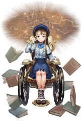 Rule 34 | 1girl, blue hat, blue skirt, book, brown eyes, brown hair, full body, hat, highres, index finger raised, long hair, looking at viewer, official art, pocket watch, princess principal, princess principal game of mission, shirley collins, shoes, sitting, skirt, solo, transparent background, watch, wheelchair, white footwear