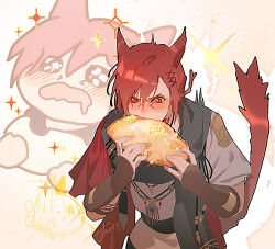 Rule 34 | 1boy, animal ears, artist name, asymmetrical clothes, black scarf, blush, bracer, cat boy, cat ears, cat tail, cowboy shot, dated, drooling, eating, facial mark, final fantasy, final fantasy xiv, food, g&#039;raha tia, grey shirt, hair between eyes, hair ornament, holding, holding food, ichi yasushi, jacket, jewelry, male focus, miqo&#039;te, neck tattoo, open mouth, pendant, red eyes, red hair, red jacket, scarf, shirt, short hair, signature, simple background, slit pupils, solo, sparkle, standing, swept bangs, taco, tail, tail raised, tattoo, v-shaped eyebrows, white background, x hair ornament, zoom layer