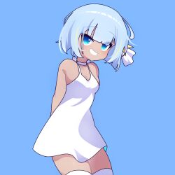 Rule 34 | 1girl, blue background, blue eyes, blue hair, cross (vgne4542), dark skin, dress, highres, jelly hoshiumi, phase connect, short hair, simple background, solo, white dress