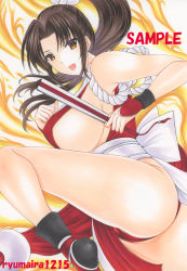 Rule 34 | 1girl, ass, breasts, brown hair, fatal fury, fire, highres, kicking, large breasts, open mouth, ponytail, ryumaira, shiranui mai, sideboob, thighs
