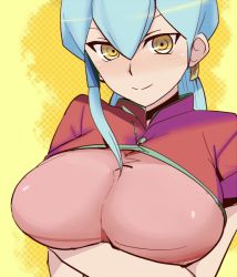 Rule 34 | 10s, 1girl, blue hair, blush, breast hold, breasts, cardfight!! vanguard, chinese clothes, crossed arms, gillian chen, hair between eyes, hair tubes, hidaka kazuma, large breasts, long hair, looking at viewer, smile, solo, tsurime, upper body, yellow eyes