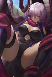Rule 34 | 1girl, ass, bound, breasts, cero320, cleavage, clothing cutout, covered erect nipples, crotch seam, eating, fate/grand order, fate (series), gloves, highres, lahmu (fate), large breasts, leotard, mash kyrielight, navel, navel cutout, open mouth, purple eyes, purple hair, restrained, skindentation, spread legs, sweat, sweatdrop, teeth, tentacles, tentacle grab, thigh strap