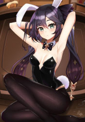 Rule 34 | 1girl, absurdres, animal ears, aqua eyes, armpits, arms behind head, arms up, bare arms, bare shoulders, black hair, black leotard, bow, bowtie, breasts, brown pantyhose, detached collar, fake animal ears, fake tail, fishnet pantyhose, fishnets, genshin impact, gold trim, hair bow, highres, leotard, long hair, looking at viewer, medium breasts, mona (genshin impact), pantyhose, parted lips, playboy bunny, pupy exe, rabbit ears, rabbit tail, sitting, solo, strapless, strapless leotard, tail, twintails, very long hair