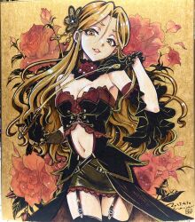Rule 34 | 1girl, bare shoulders, black dress, black gloves, black thighhighs, breasts, brown eyes, brown hair, cleavage, clothing cutout, commentary request, cowboy shot, detached collar, detached sleeves, dress, earrings, flower, garter straps, gloves, hair flower, hair ornament, highres, holding, holding riding crop, idolmaster, idolmaster cinderella girls, jewelry, long hair, looking at viewer, marine (confeitokobo), medium breasts, navel, navel cutout, open mouth, photo (medium), riding crop, rose, smile, solo, strapless, strapless dress, thighhighs, traditional media, wavy hair, zaizen tokiko