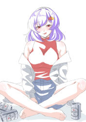 Rule 34 | 0002koko, 1girl, absurdres, bare shoulders, barefoot, beer can, breasts, can, drink can, hair ornament, highres, leaf hair ornament, looking at viewer, medium breasts, open clothes, purple hair, red eyes, saliva, shirt, simple background, sitting, sleeveless, sleeveless shirt, smile, solo, tongue, tongue out, touhou, white background, yasaka kanako