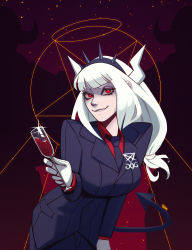 Rule 34 | 1girl, black suit, black tail, blunt bangs, breasts, cup, demon girl, demon horns, demon tail, drinking glass, formal, gloves, hairband, helltaker, highres, horns, large breasts, long hair, looking at viewer, lucifer (helltaker), mole, mole under eye, necktie, qtori, red eyes, red shirt, shirt, smile, solo, spiked hairband, spikes, suit, tail, white gloves, white hair, white horns, wine glass