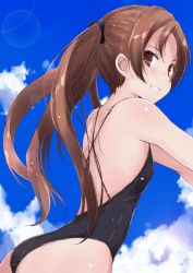 Rule 34 | 1girl, ass, black one-piece swimsuit, blue sky, brown eyes, brown hair, casual one-piece swimsuit, cloud, commentary request, cowboy shot, day, flat chest, girls und panzer, kadotani anzu, lens flare, long hair, looking at viewer, one-piece swimsuit, parted lips, shiny skin, sky, smile, solo, swimsuit, twintails, yumesato makura