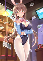 Rule 34 | 1girl, absurdres, animal ears, black leotard, blue jacket, bow, bowtie, breasts, brown eyes, brown hair, card, chips (food), cleavage, closed mouth, covered navel, detached collar, fake animal ears, food, freshylulu m, hair bow, hand up, highres, holding, holding card, indoors, jacket, large breasts, leotard, long hair, original, pantyhose, pink bow, pink bowtie, playboy bunny, poker chip, rabbit ears, smile, solo, white pantyhose