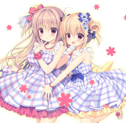 Rule 34 | 2girls, :d, ahoge, apron, blonde hair, bow, brown hair, collarbone, commentary request, double bun, finger to own chin, hair bow, hair ornament, hair ribbon, hug, hug from behind, index finger raised, jewelry, long hair, looking at viewer, miyasaka miyu, multiple girls, necklace, one side up, open mouth, original, parted lips, pearl necklace, plaid, plaid apron, purple eyes, ribbon, smile
