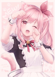 Rule 34 | 1other, akiyama mizuki, alternate costume, animal ear fluff, animal ears, animal print, apron, artist name, bell, black dress, blush, border, bow, bowtie, cat ears, cat print, cat tail, commentary request, dress, english text, enmaided, frilled apron, frills, hair ribbon, hinata mizuiro, kemonomimi mode, looking at viewer, maid, neck bell, one eye closed, open mouth, paw pose, paw print, pink background, pink hair, project sekai, red bow, red bowtie, red ribbon, ribbon, side ponytail, sidelocks, simple background, solo, tail, upper body, wavy hair, white apron, white wrist cuffs, wrist cuffs