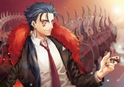 Rule 34 | 1boy, alternate costume, beads, black nails, blue hair, cigar, closed mouth, coat, collared shirt, cu chulainn (fate), cu chulainn (fate) (all), cu chulainn (fate/stay night), cu chulainn alter (fate), cu chulainn alter (fate/grand order), dark blue hair, dark persona, earrings, facepaint, fate/grand order, fate (series), formal, fur-trimmed jacket, fur trim, hair beads, hair ornament, jacket, jewelry, kuzen, lancer, long hair, long sleeves, looking at viewer, male focus, monster boy, nail polish, necktie, open clothes, open jacket, overcoat, ponytail, red eyes, shirt, signature, smile, smoke, smoking, solo, spiked hair, spikes, suit, tail