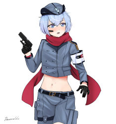 Rule 34 | 1girl, armband, artist name, belt, black gloves, blush, buttons, commentary, commission, crop top, darkpulsegg, double-breasted, english commentary, feet out of frame, girls&#039; frontline, gloves, grey shorts, gun, handgun, hat, holding, holding gun, holding weapon, midriff, military hat, mp-446 (girls&#039; frontline), mp-446 viking, navel, nose blush, open mouth, purple eyes, purple hair, red scarf, scarf, short hair, shorts, simple background, solo, standing, teeth, trigger discipline, weapon, white background