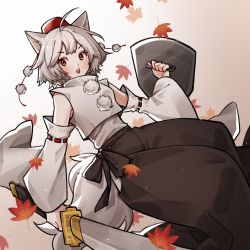 Rule 34 | 1girl, animal ears, autumn leaves, bare shoulders, black hakama, black skirt, breasts, commentary request, grey hair, hakama, hakama pants, hat, highres, holding, holding shield, holding sword, holding weapon, inubashiri momiji, japanese clothes, long sleeves, open mouth, pants, pom pom (clothes), red eyes, red headwear, ribbon-trimmed sleeves, ribbon trim, shield, shirt, short hair, skirt, sleeveless, sleeveless shirt, small breasts, sword, taeminhyeon, tail, tassel, tokin hat, touhou, weapon, white shirt, white sleeves, wide sleeves, wolf ears, wolf girl, wolf tail