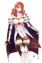 Rule 34 | 1girl, absurdres, bare shoulders, black gloves, black thighhighs, boots, cape, celica (fire emblem), commentary request, dress, earrings, feet out of frame, fingerless gloves, fire emblem, fire emblem echoes: shadows of valentia, gloves, hairband, highres, jewelry, kazuha (kazuha1003), long sleeves, looking at viewer, nintendo, off-shoulder dress, off shoulder, orange eyes, puffy short sleeves, puffy sleeves, red hair, revision, short sleeves, simple background, smile, solo, standing, thighhighs, white background, white dress, white footwear, white hairband, zettai ryouiki