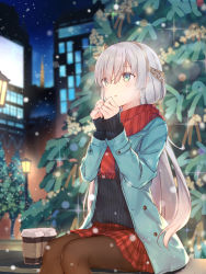 Rule 34 | 1girl, anastasia (fate), black pantyhose, black sweater, blue eyes, blue jacket, blurry, blurry background, building, christmas, christmas tree, commentary request, fate/grand order, fate (series), green eyes, hairband, highres, jacket, kyaroru, light, long hair, long sleeves, outdoors, pantyhose, red scarf, red skirt, scarf, silver hair, sitting, skirt, solo, sweater, very long hair