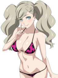 Rule 34 | 1girl, animal print, bikini, blue eyes, breasts, cleavage, closed mouth, collarbone, commentary request, cowboy shot, grey hair, hair ornament, hairclip, index finger raised, large breasts, leopard print, long hair, looking at viewer, navel, persona, persona 5, photoshop (medium), print bikini, purple bikini, ra-pen, simple background, smile, solo, string bikini, swept bangs, swimsuit, takamaki anne, twintails, white background