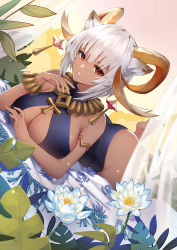 Rule 34 | 1girl, animal ear fluff, animal ears, arknights, armlet, bare arms, barefoot, blue one-piece swimsuit, breasts, carnelian (arknights), carnelian (shimmering dew) (arknights), cleavage, cleavage cutout, clothing cutout, dark-skinned female, dark skin, dutch angle, highres, horn ornament, horns, jewelry, large breasts, legs up, liu lan, looking at viewer, lying, necklace, on stomach, one-piece swimsuit, parted lips, red eyes, short hair, smile, solo, swimsuit, white hair