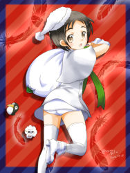 Rule 34 | 10s, 1girl, :o, bag, black hair, boots, brown eyes, coat, dated, feathers, from behind, hat, kantai collection, leg up, looking back, maru-yu (kancolle), one-piece swimsuit, open mouth, santa hat, school swimsuit, short hair, solo, swimsuit, thighhighs, twitter username, white coat, white footwear, white one-piece swimsuit, white school swimsuit, white thighhighs, yanage (yanagikai)
