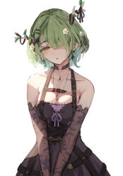 Rule 34 | 1girl, antlers, black choker, black dress, black gloves, black sleeves, breasts, ceres fauna, ceres fauna (goth), choker, cleavage, detached sleeves, dress, flower, gloves, green hair, hair flower, hair ornament, hair over one eye, heart, heart choker, highres, hololive, hololive english, horns, large breasts, malvar, mole, mole under eye, official alternate costume, open mouth, see-through, see-through sleeves, short hair, sleeveless, sleeveless dress, solo, virtual youtuber, white background, yellow eyes