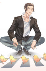 Rule 34 | 1boy, animal, bird, black footwear, black jacket, brown hair, chick, collarbone, forehead, full body, green eyes, grey pants, highres, jacket, loafers, long sleeves, male focus, mosta (lo1777789), open clothes, open jacket, original, pants, parted lips, shirt, shoes, socks, solo, squatting, v-shaped eyebrows, white background, white shirt, white socks