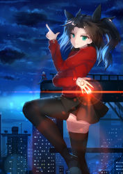 Rule 34 | 1boy, 1girl, archer (fate), black hair, black thighhighs, blue eyes, fate/stay night, fate (series), hair ribbon, highres, long hair, long legs, long sleeves, looking at viewer, qys3, ribbon, skirt, sweater, thighhighs, tohsaka rin, twintails, two side up, white hair, zettai ryouiki