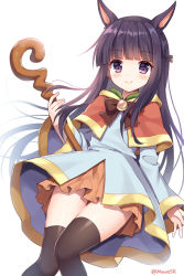 Rule 34 | 1girl, animal ear fluff, animal ears, black hair, black thighhighs, blue dress, blunt bangs, blush, bow, breasts, brown bow, brown capelet, capelet, closed mouth, commentary request, dress, holding, holding staff, kasumi (princess connect!), long sleeves, looking at viewer, mauve, princess connect!, purple eyes, simple background, sleeves past wrists, smile, solo, split mouth, staff, thighhighs, twitter username, white background, wide sleeves