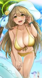 Rule 34 | 1girl, 3girls, :d, adjusting clothes, bent over, bikini, blue archive, bracelet, breasts, brown hair, cleavage, front-tie bikini top, front-tie top, green eyes, halo, hand on own knee, hand on own thigh, hat, highres, hoshino (blue archive), hoshino (swimsuit) (blue archive), inflatable toy, innertube, jewelry, large breasts, leaning forward, looking at viewer, makarony, multiple girls, nonomi (blue archive), nonomi (swimsuit) (blue archive), open mouth, outdoors, palm tree, shiroko (blue archive), shiroko (swimsuit) (blue archive), side-tie bikini bottom, smile, sun hat, swim ring, swimsuit, thigh gap, thighs, tree, yellow bikini