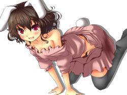 Rule 34 | 1girl, all fours, animal ears, bare shoulders, black hair, black thighhighs, blush, brown hair, collarbone, fukunaga kazuhiro, highres, inaba tewi, no panties, off shoulder, open clothes, open mouth, open skirt, rabbit ears, rabbit girl, rabbit tail, red eyes, short hair, simple background, skirt, smile, solo, tail, thighhighs, touhou, white background