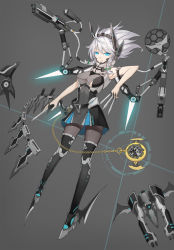 Rule 34 | 1girl, aqua eyes, belt, between fingers, black belt, black pantyhose, blade, bow, braid, breasts, chain, character name, closed mouth, clothes writing, dagger, dress, drone, expressionless, floating hair, full body, glowing, green bow, grey background, grey dress, gun, hair between eyes, hair bow, hair ribbon, headgear, highres, holding, holding dagger, holding knife, holding weapon, izayoi sakuya, knife, large breasts, leidami, long hair, looking away, mecha musume, pale skin, pantyhose, pocket watch, ribbon, roman numeral, scabbard, sheath, shoe blade, short dress, silver hair, simple background, sleeveless, sleeveless dress, solo, touhou, tress ribbon, twin braids, unsheathed, watch, weapon