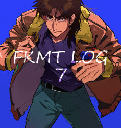 Rule 34 | 1boy, absurdres, belt, black belt, black eyes, black shirt, blue background, blue pants, bomber jacket, brown hair, brown jacket, closed mouth, commentary request, cowboy shot, gloom (expression), highres, inudori, itou kaiji, jacket, kaiji, long hair, long sleeves, looking at viewer, male focus, medium bangs, open clothes, open jacket, pants, parted bangs, shirt, simple background, smile, solo