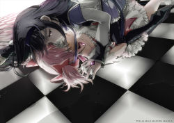 Rule 34 | 10s, 2girls, akemi homura, bad id, bad pixiv id, black hair, catha, checkered floor, choker, covering privates, covering face, covering own eyes, floor, girl on top, gloves, hairband, highres, hitaki azami, holding hands, interlocked fingers, jewelry, kaname madoka, long hair, lying, magical girl, mahou shoujo madoka magica, mahou shoujo madoka magica (anime), multiple girls, on back, on floor, open mouth, own hands together, pantyhose, pendant, pink hair, puffy sleeves, purple eyes, short hair, short twintails, sleeves past wrists, soul gem, tears, twintails, water, yuri
