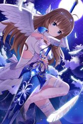Rule 34 | 1girl, absurdres, alternative girls, angel, arimura shion, armor, blue eyes, breasts, brown hair, character cutout, clothing cutout, cloud, dress, feathered wings, feathers, floating hair, full moon, grey footwear, hair ornament, high heels, highres, holding, holding weapon, leg up, long hair, looking at viewer, medium breasts, moon, night, outdoors, pauldrons, pumps, short dress, shoulder armor, side cutout, sky, smile, solo, sparkle, star (sky), starry sky, thighhighs, weapon, white dress, white feathers, white thighhighs, white wings, wings