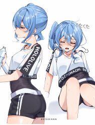 Rule 34 | 1girl, absurdres, ass, black shorts, blue eyes, blue hair, blue nails, blush, bottle, breasts, character name, closed eyes, copyright name, covered navel, crop top, exhausted, hair ribbon, high side ponytail, highres, hololive, hololive dance practice uniform, hoshimachi suisei, keisea, leotard, leotard under clothes, multiple views, ribbon, shirt, short shorts, shorts, simple background, sitting, small breasts, sweat, virtual youtuber, water bottle, white background, white shirt