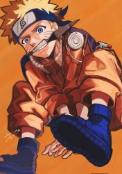 Rule 34 | 1boy, all fours, blonde hair, blue eyes, commentary request, dagger, facial mark, forehead protector, fujitachobi, highres, jumpsuit, knife, male focus, mouth hold, naruto, naruto (series), orange background, orange jumpsuit, sandals, simple background, teeth, uzumaki naruto, weapon, whisker markings, yellow background