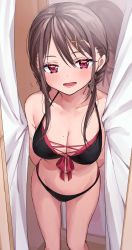 Rule 34 | 1girl, bikini, black bikini, blush, braid, breasts, brown hair, chigusa minori, cleavage, collarbone, commentary request, fitting room, front-tie top, hair between eyes, hair ornament, hairclip, heart, highres, long hair, looking at viewer, medium breasts, mole, mole on breast, navel, open mouth, original, red eyes, smile, solo, swimsuit, x hair ornament
