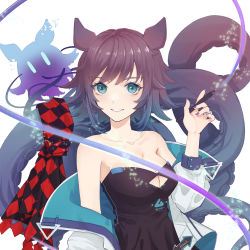 Rule 34 | 1girl, animal ears, aqua eyes, aqua hair, argyle, arknights, artist name, black dress, breasts, cleavage, cleavage cutout, clothing cutout, collarbone, commentary request, creature, deepcolor (arknights), deepcolor (elite ii) (arknights), dress, gradient hair, highres, holding, holding marker, jacket, long sleeves, looking at viewer, marker, medium breasts, multicolored hair, multicolored nails, nail polish, nekonomi, off shoulder, open clothes, open jacket, parted lips, purple hair, smile, solo, strapless, strapless dress, tentacles, white jacket