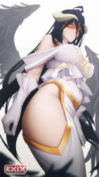 Rule 34 | 1girl, ahoge, albedo (overlord), bare shoulders, black feathers, black wings, breasts, breasts apart, closed mouth, commentary, covered navel, demon girl, demon horns, demon wings, english commentary, feathered wings, feathers, from below, gloves, hair between eyes, highres, hip vent, horns, k19, large breasts, long hair, looking down, low wings, no panties, overlord (maruyama), simple background, slit pupils, solo, very long hair, white background, white gloves, wings, yellow eyes